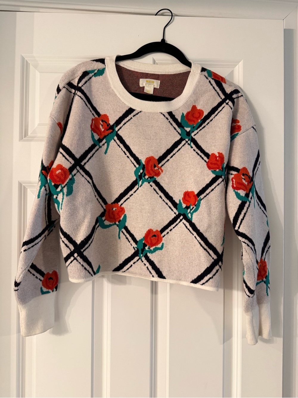 Maeve Cream Crewneck Sweater with Red Rose & Black Grid
